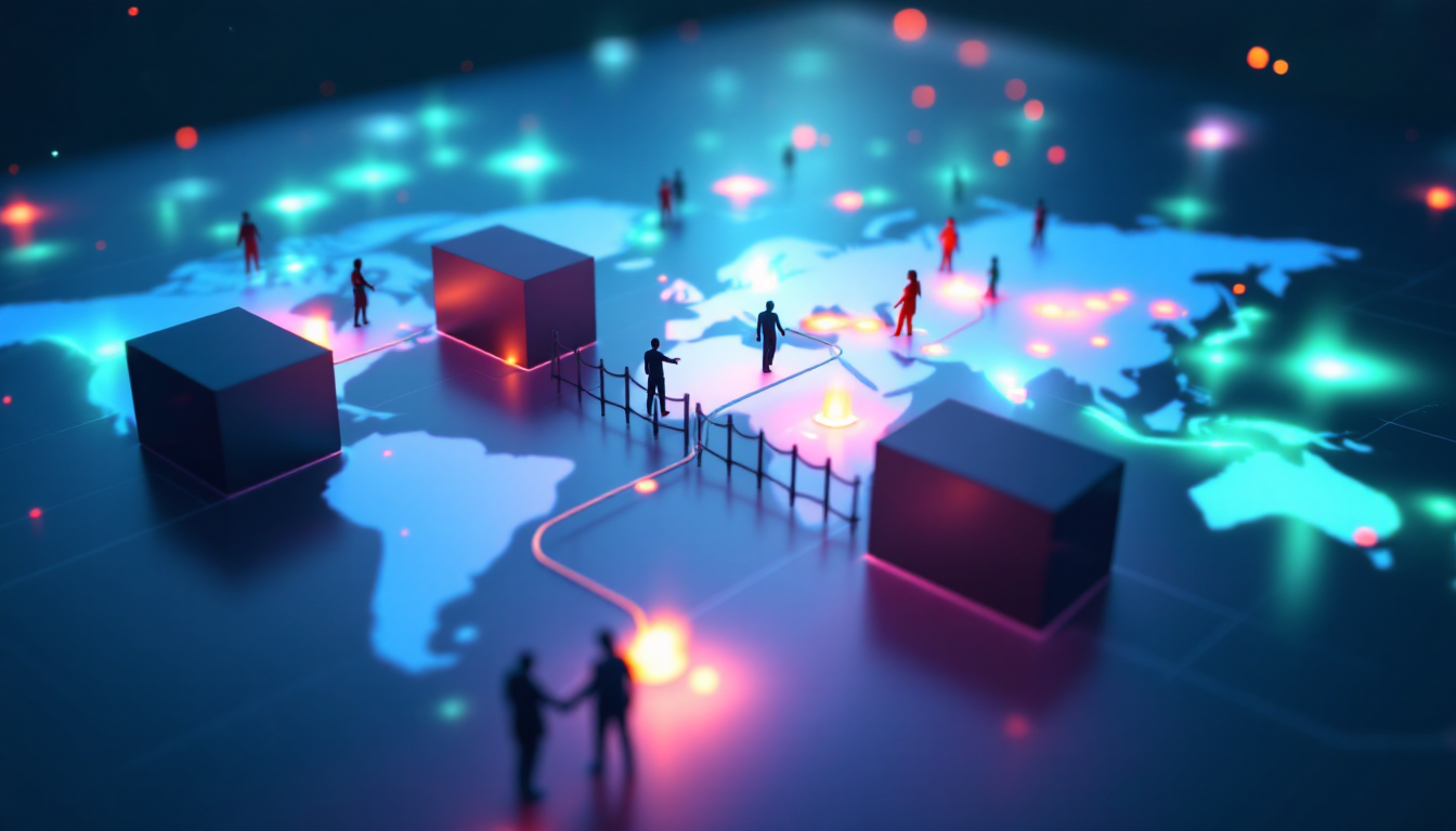 2025년 이후 국제 관계 시나리오 세 가지를 상징적으로 표현한 이미지