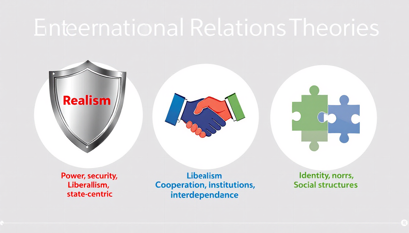 국제 관계 핵심 이론인 현실주의, 자유주의, 구성주의의 비교 인포그래픽